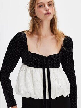 For‎ Love & Lemons Elisa Bubble Top Black Velvet White Eyelet Peplum Top XL